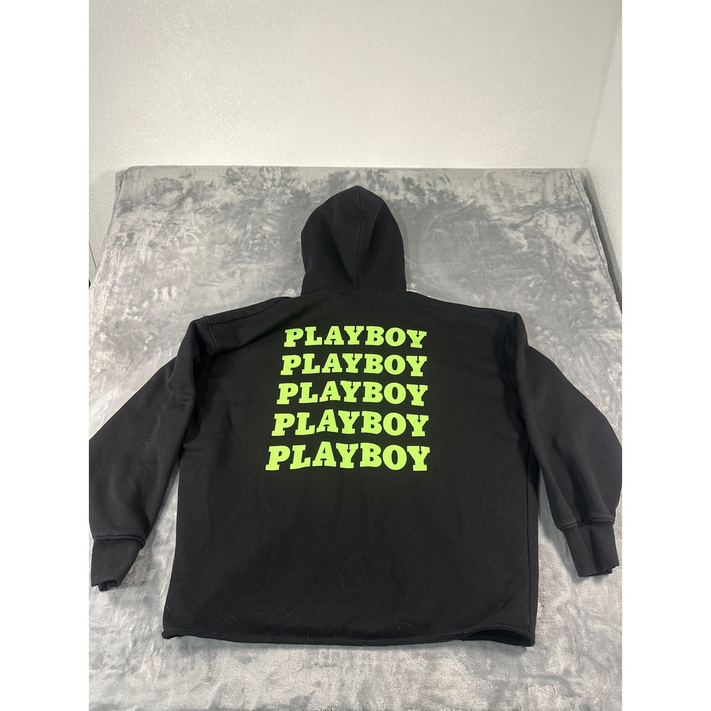 PLAYBOY Black Hoodie Neon Green Logo Playboy Bunny‎ Graphic Print Mens Size US 6